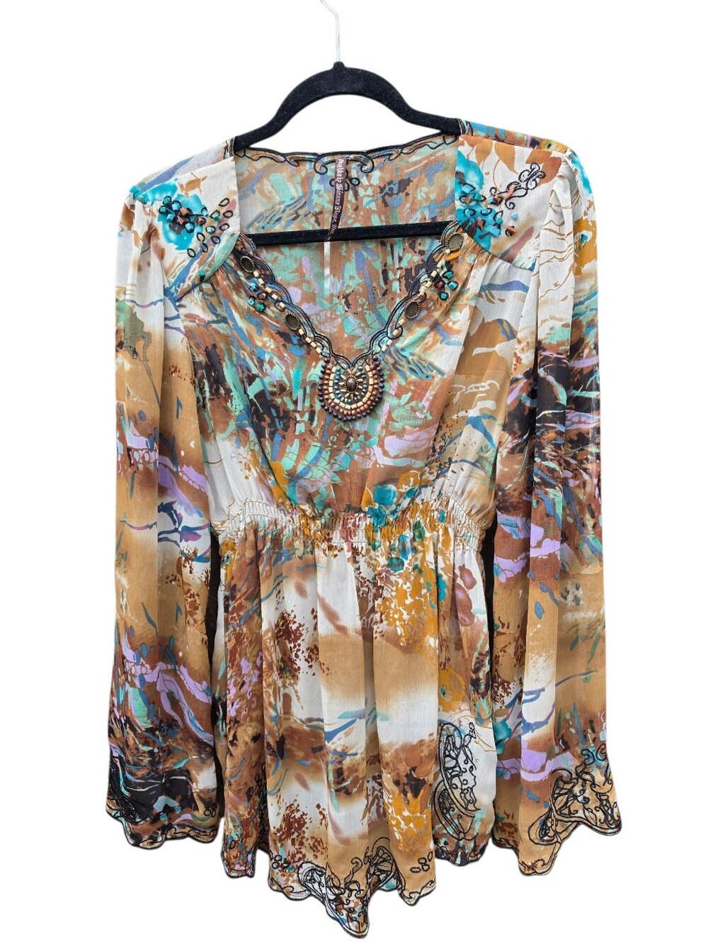 ​Mushka by Sienna Rose Boho Embellished Medallion Sheer Peplum Blouse Size M